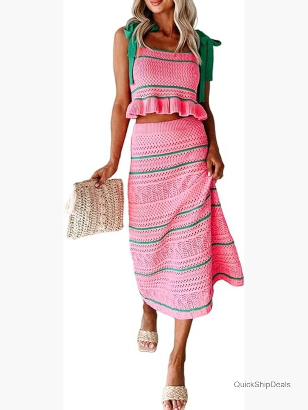 Crochet Knit Two Piece Set Polyester Maxi Skirt Tie Shoulder Crop Top